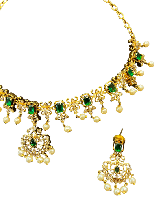 Green - Medium - Antique Gold Finish Necklace Set with Earrings & - AE2523 08KY25 - Prachy Creations