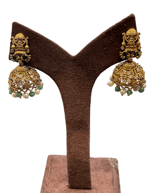 Green - Medium - Antique Gold Finish Traditional Earrings - Bollywood - Weddings - AE2611 P - Prachy Creations