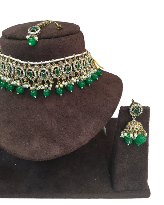 Green - Medium Size Antique Gold Finish Choker Necklace Set with Earrings - RAK149 C 0424 - Prachy Creations