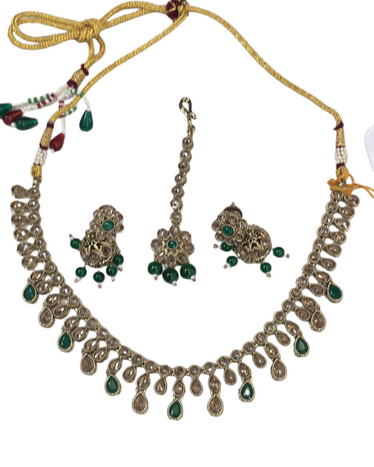 Green - Medium Size Antique Gold Finish Necklace Set with Earrings - KAJ1017 04C24 - Prachy Creations