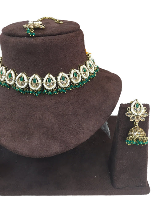 Green - Medium Size Antique Gold Finish Necklace Set with Earrings - RAK122 R 0424 - Prachy Creations