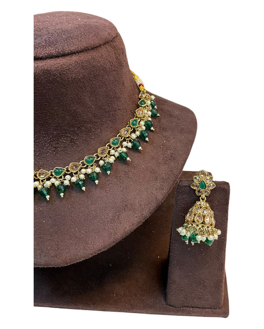 Green - Medium Size Antique Gold Finish Necklace Set with Earrings - RAK375 Pp - Prachy Creations