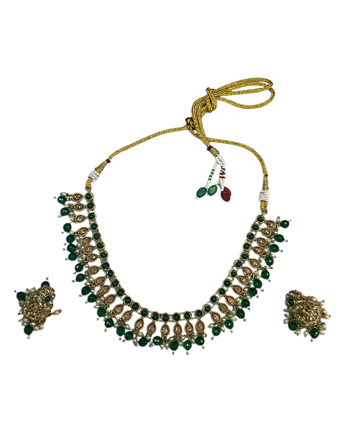 Green - Medium Size Antique Gold Finish Necklace Set with Earrings - RAK381 Rp - Prachy Creations