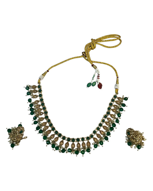Green - Medium Size Antique Gold Finish Necklace Set with Earrings - RAK381 Rp - Prachy Creations