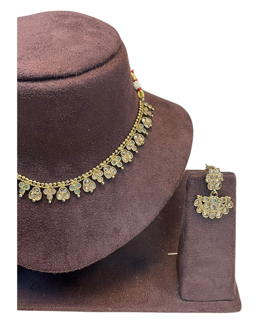 Green / Pink - Small Size Antique Gold Finish Necklace Set - AE2504 R 0525 - Prachy Creations