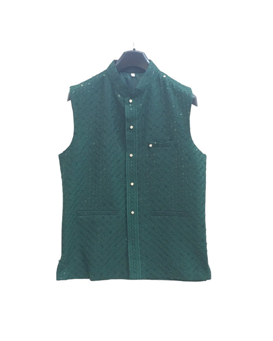 Green - Rich Lucknowi Sequins Mens Waistcoat - Bollywood - KCS4009 VY 0324 - Prachy Creations