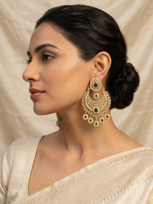 Green - Royal Teardrop Kundan & Pearl Chandbali Earrings - 6ER240 10Rp26 - Prachy Creations