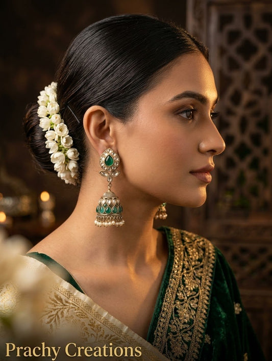 Green - Royal Teardrop Kundan & Pearl Jhumka Earrings - 6JE06 10Pp26 - Prachy Creations