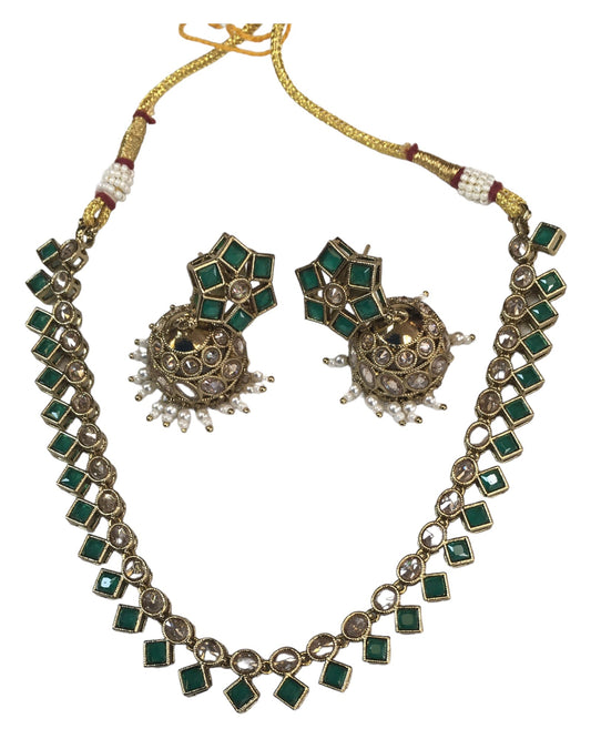Green - Small - Antique Gold Finish Necklace Set with Earrings - AE2405 C 0724 - Prachy Creations