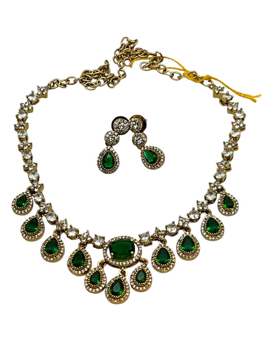 Green - Small - Antique Gold Finish Necklace Set with Earrings & - AE2521 08KK25 - Prachy Creations