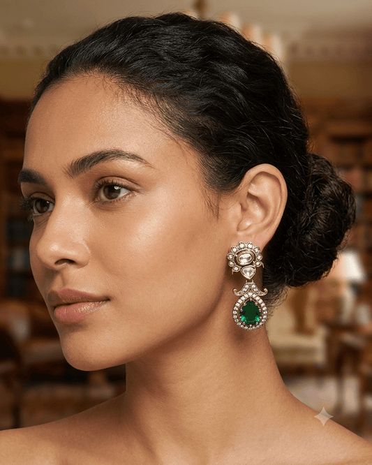Green - Small - Antique Gold Finish Traditional Earrings - Bollywood - Weddings - 15ER715 07J26 - Prachy Creations