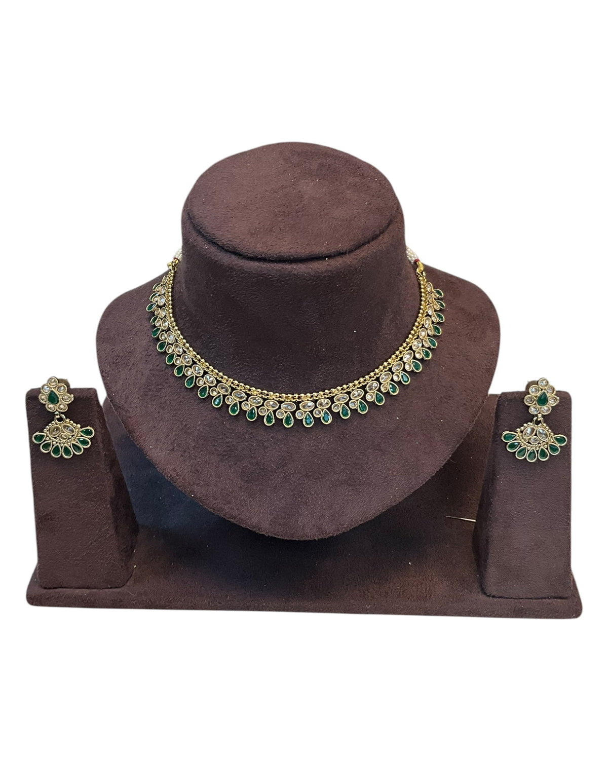 Green - Small Size Antique Gold Finish Necklace Set - AE2502 A 0525 - Prachy Creations