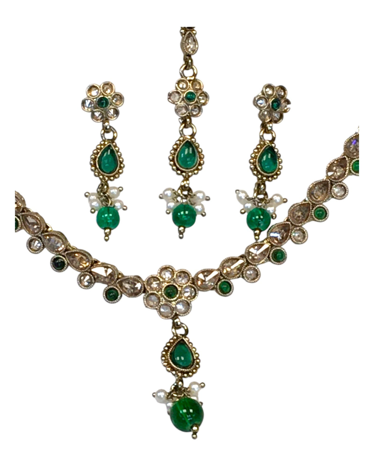 Green - Small Size Antique Gold Finish Necklace Set with Earrings & Head Piece /Tika- SLV78 11Ap24 - Prachy Creations