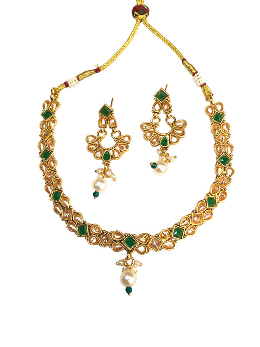 Green - Small Size Antique Gold Finish Necklace Set with Earrings - TOH2401 R 0424 - Prachy Creations