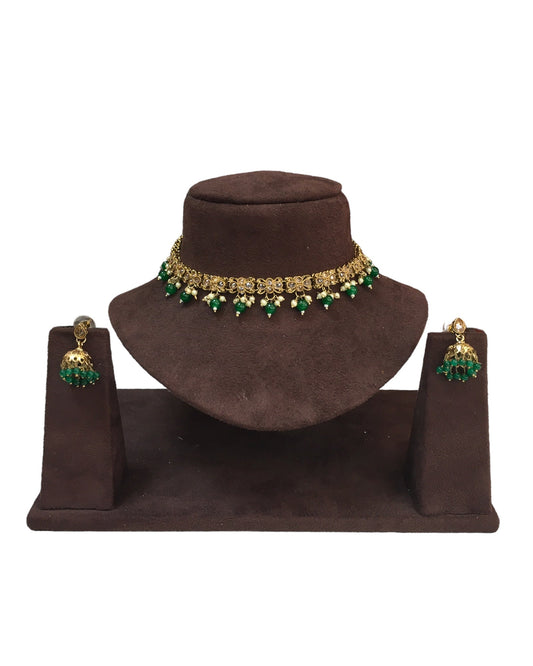 Green - Small Size Antique Gold Finish Necklace Set with Earrings - VJY402 A 0424 - Prachy Creations