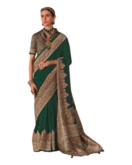 Green - Traditional Block Printed Dupion Silky Saree with Blouse Piece - UK Stock - 2/3 days Delivery 12KC25 K911 - Prachy Creations