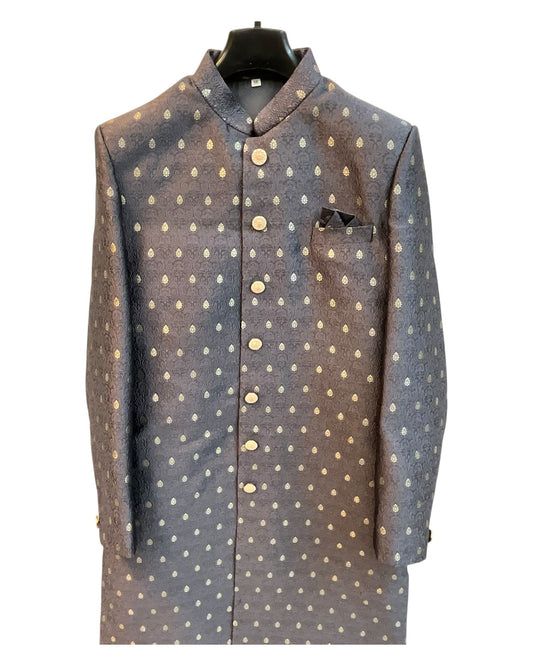 Grey - Classic Banarasi Handloom Brocade Sherwani with Gold Buttons - UK Stock - BS787 08JC25 - Prachy Creations