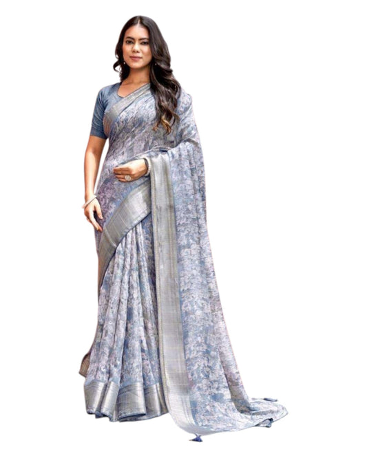 Grey - Crepe Printed Saree with Blouse Piece - KASVRI 108 10KK25 - Prachy Creations