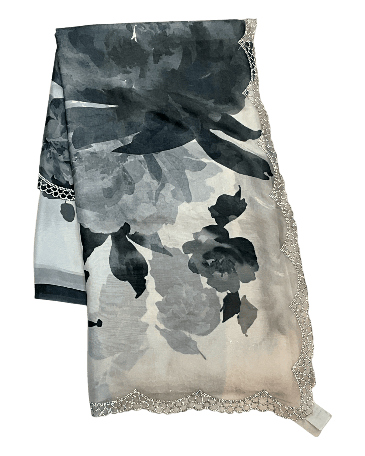 Grey Floral - Classic Satin Crepe Saree with Stone Work and Blouse Piece - UK stock - 24hr Dispatch - RS2535 VR - Prachy Creations