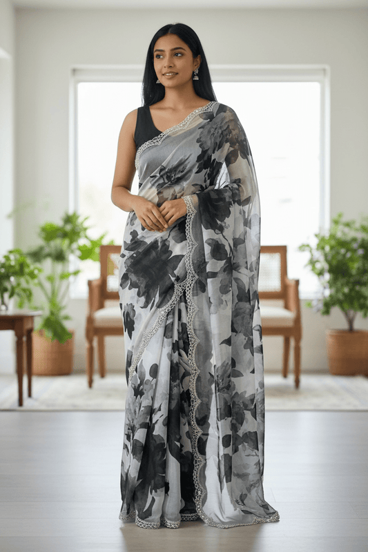 Grey Floral - Classic Satin Crepe Saree with Stone Work and Blouse Piece - UK stock - 24hr Dispatch - RS2535 VR - Prachy Creations