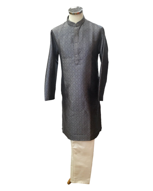 Grey - Handloom Self Brocade Mens Indian Kurta set - Weddings / Walimas , Sangeet, Eid, Mehndi / Henna - KCS2405 08KP24 - Prachy Creations