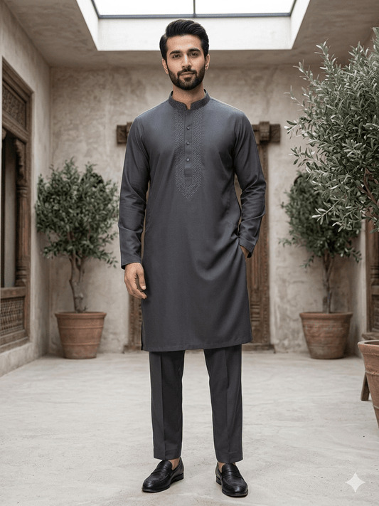Grey - Soft Silky Mens Kurta Set with Neck Thread Embroidery- Sangeet Mehendi Haldi - KCS2001 06KH26 - Prachy Creations
