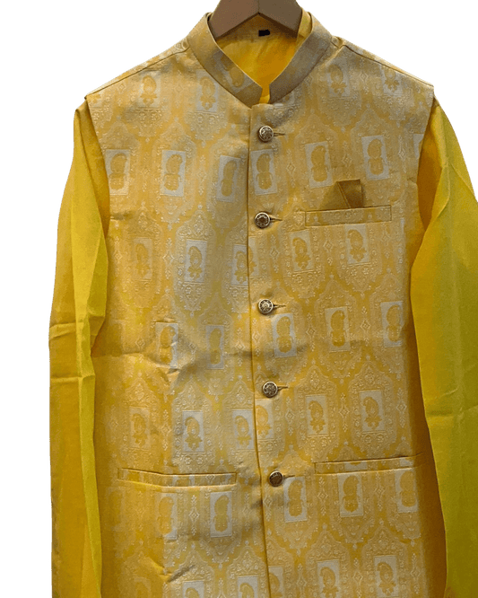 Haldi Yellow - Mens Kurta Set with Rich Brocade Waistcoat - UK Stock - Quick Dispatch - SHU2603 05VV26 - Prachy Creations