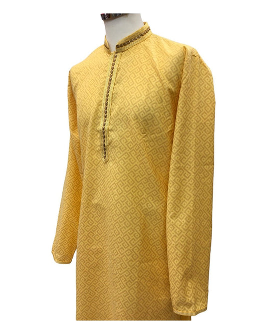 Haldi Yellow - Mens Linen Printed Kurta Set - Ideal for Haldi / Mehndi / Weddings SHU2403 KR 0224 - Prachy Creations