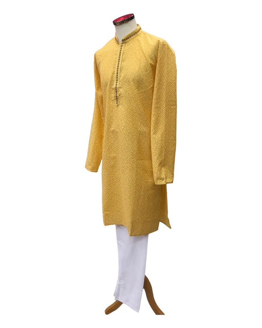 Haldi Yellow - Mens Linen Printed Kurta Set - Ideal for Haldi / Mehndi / Weddings SHU2403 KR 0224 - Prachy Creations
