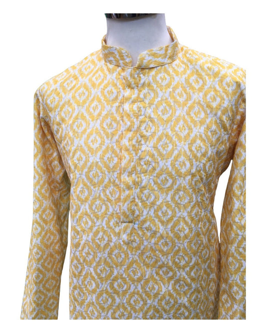 Haldi Yellow - Self Woven Cotton Men's Rich Churidar Kurta Set - YD2303 VY0323 - Prachy Creations