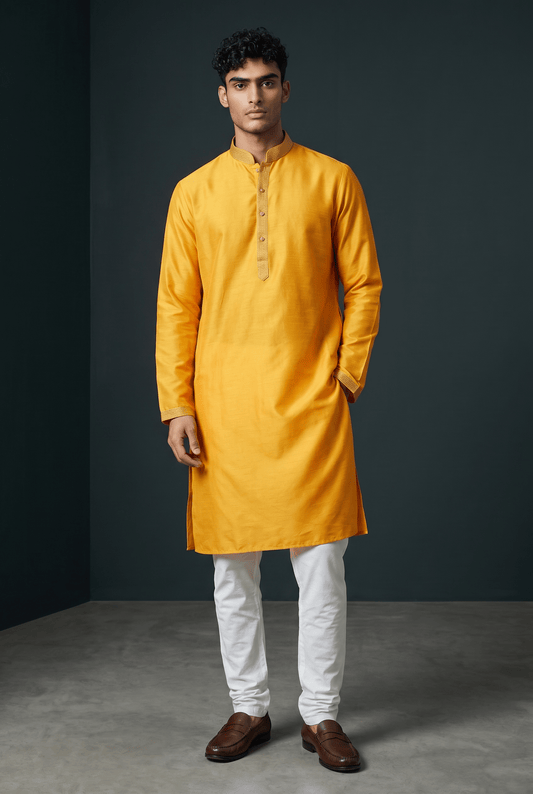 Haldi Yellow - Silky Handloom Mens Indian Kurta set with Trousers - UK Stock - Weddings / Walimas , Sangeet, Diwali, Eid, Mehndi / Henna - VEE2529 KR - Prachy Creations