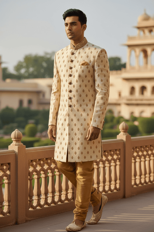 Hand embroidered Cream Sherwani with churidar trousers - SNC88KYP 1018 - Prachy Creations