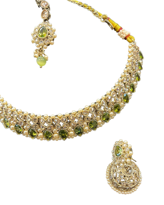 Henna Green - Medium Size Antique Gold Finish Necklace Set with Earrings & Head Piece - 6NS449 04H26 - Prachy Creations
