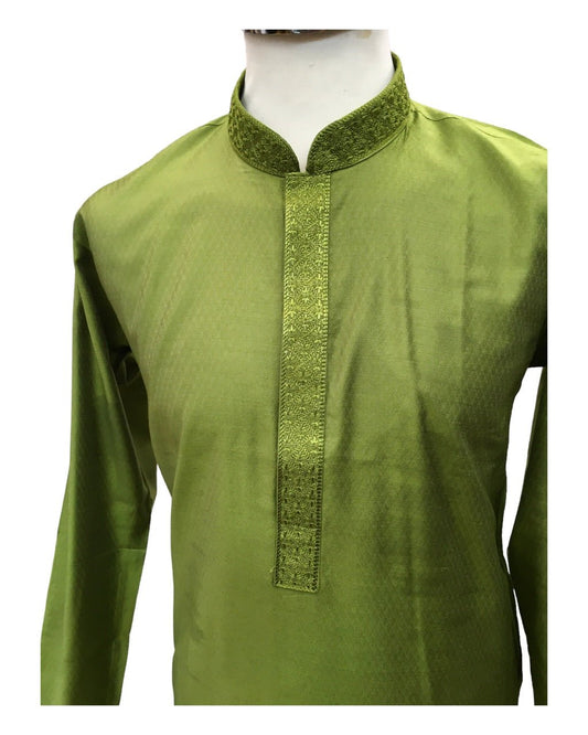 Henna / Mehendi Green - Cotton Silky Self Brocade Mens Kurta Set - Sangeet Mehendi Haldi - KCS1003 KK 1123 - Prachy Creations