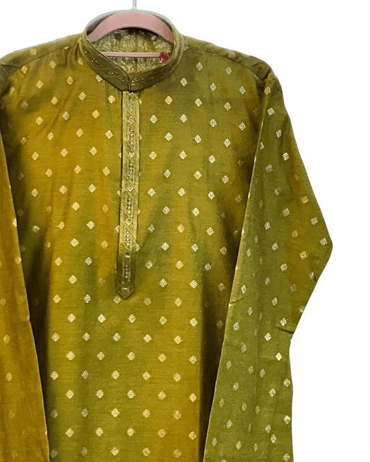 Henna Mehndi Green - Banarasi Handloom Brocade Mens Indian Kurta set with Trousers - UK Stock - Weddings / Walimas , Sangeet, Diwali, Eid, Mehndi / Henna - VEE3017 VK - Prachy Creations