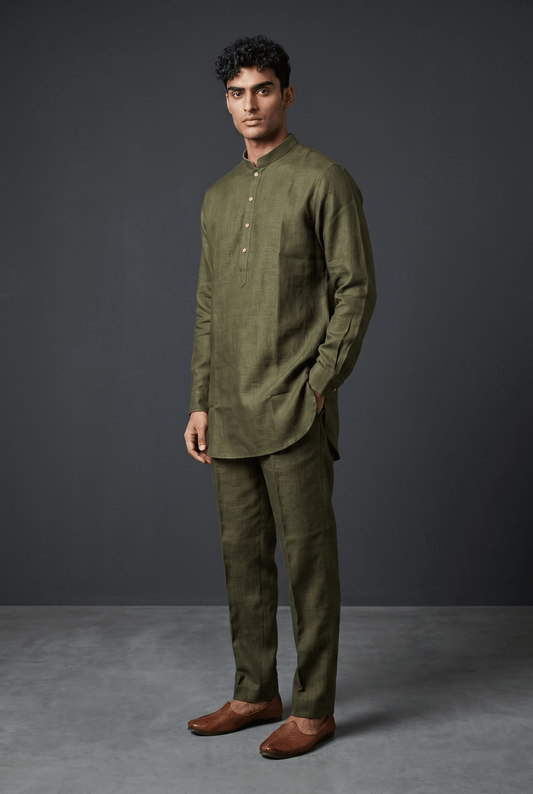Henna / Olive Green - Premium Linen Mens Indian Kurta with Linen Trousers - UK Stock - Weddings / Walimas , Sangeet, Diwali, Eid, Mehndi / Henna - VEE1366 VY - Prachy Creations