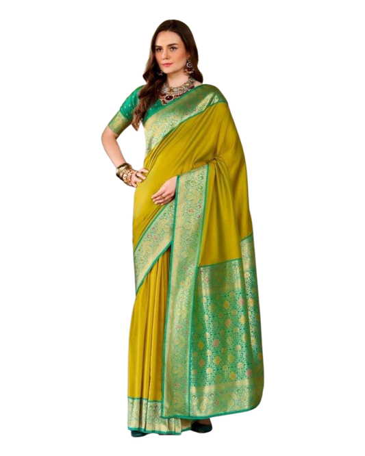 Henna Yellow - Silky Handloom Banarasi Saree with Blouse Piece - 12KH25 RP387 - Prachy Creations