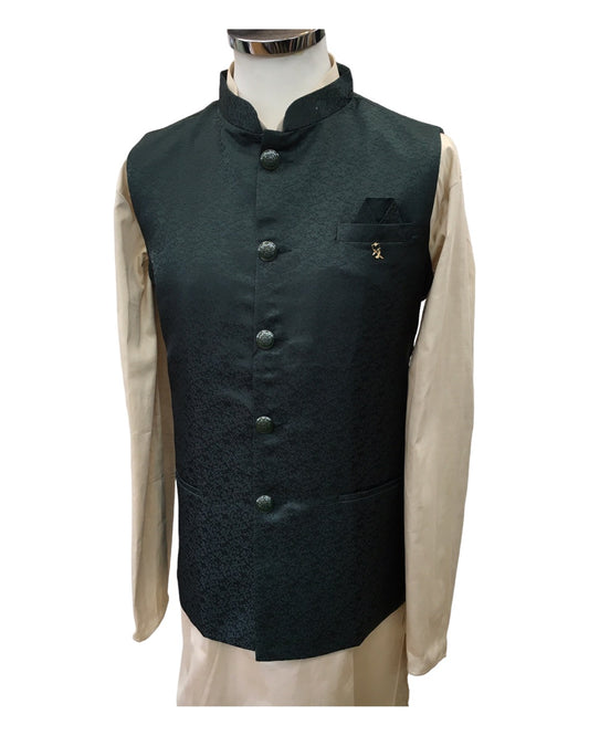 Bottle Green - Self Brocade Indian Mens Waistcoat / Bandi - Bollywood - CS2303 KT 0523
