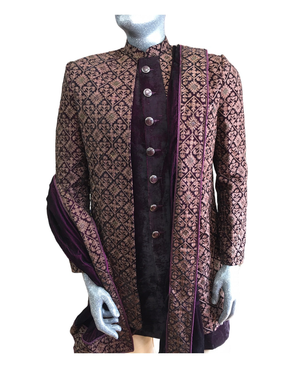 Wine / Maroon - Double Jacket Full Embroidery Sherwani with Trousers - SHU2305 CP 0523