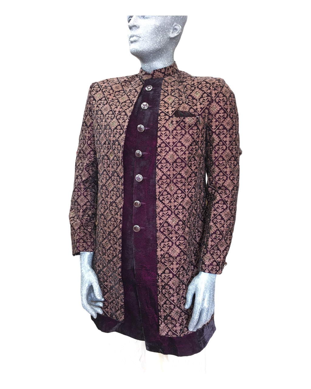 Wine / Maroon - Double Jacket Full Embroidery Sherwani with Trousers - SHU2305 CP 0523