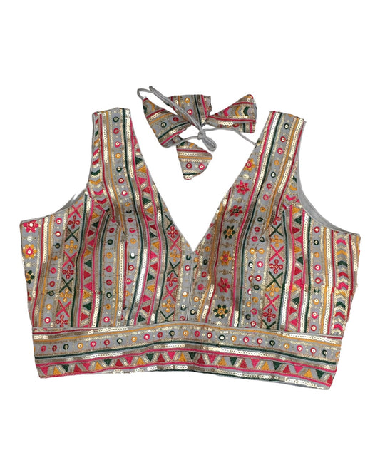 Grey - Fully Embroidered Saree / Lehenga blouse - With Cups - Margin to loosen - UK Stock - AF2334 KV 0623