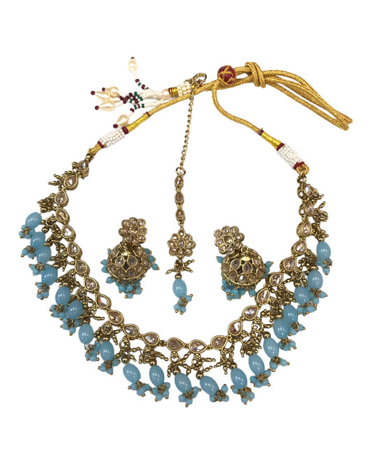 Sky Blue - Antique Gold Finish Choker Necklace set - Bollywood - Weddings - HB972 KY 0523