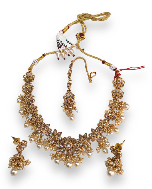 Pearl / Neutral - Medium Size Necklace Set with Earrings - SLV13KJ 0822