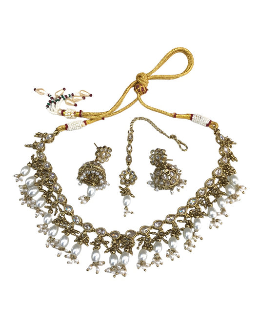 Clear White - Antique Gold Finish Choker Necklace set - Bollywood - Weddings - HB972 KY 0523
