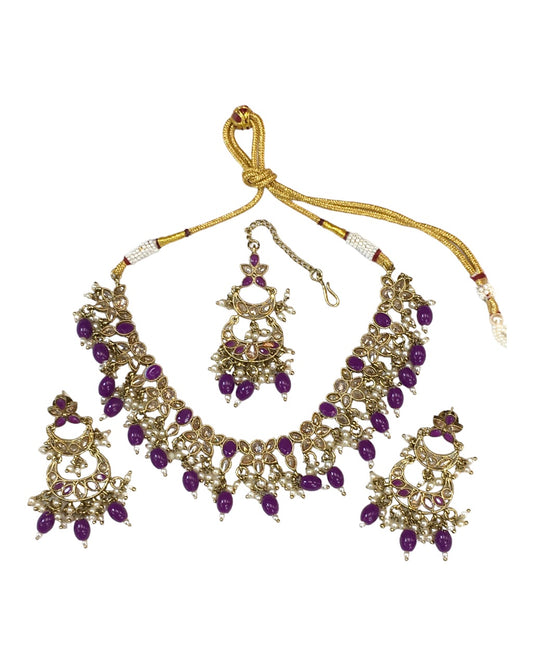 Purple - Antique Gold Finish Choker Necklace set - Bollywood - Weddings - HB960 KY 0523