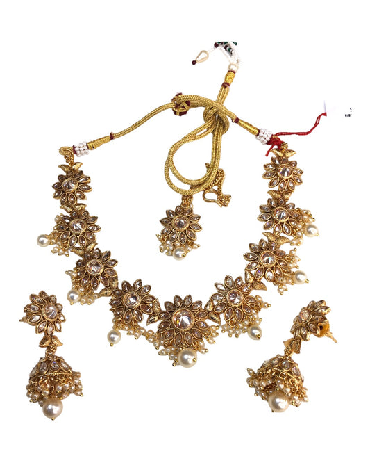 Pearl / Neutral - Medium Size Necklace Set with Earrings - SLV10KT 0822