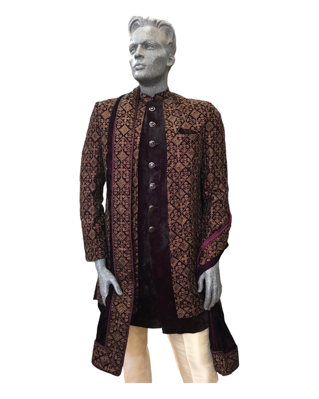 Wine / Maroon - Double Jacket Full Embroidery Sherwani with Trousers - SHU2305 CP 0523