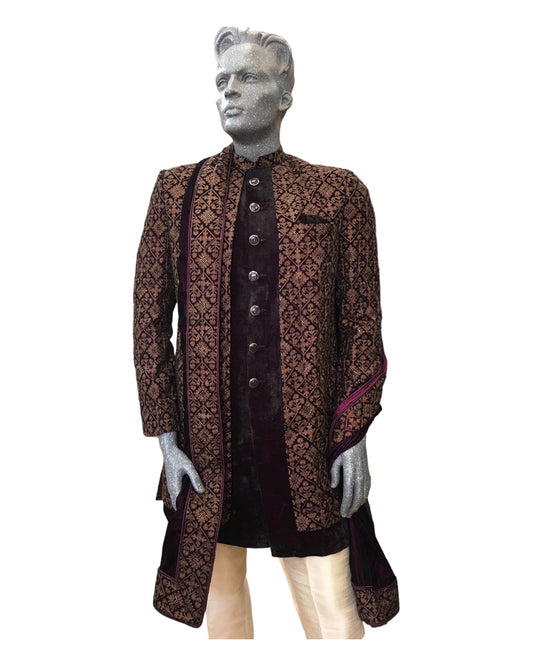 Wine / Maroon - Double Jacket Full Embroidery Sherwani with Trousers -  SHU2305 CP 0523