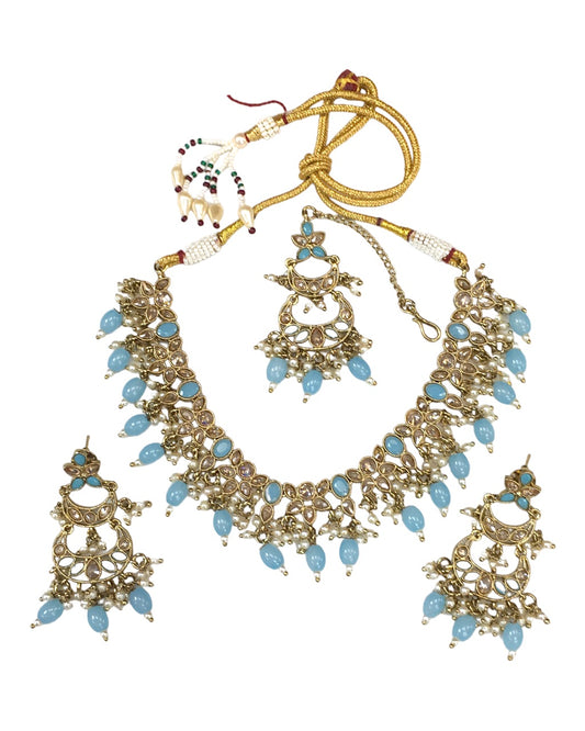 Sky Blue - Antique Gold Finish Choker Necklace set - Bollywood - Weddings - HB960 KY 0523