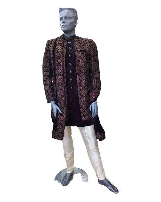 Wine / Maroon - Double Jacket Full Embroidery Sherwani with Trousers -  SHU2305 CP 0523